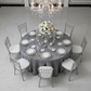 Accordion Crinkle Taffeta 132" Round Tablecloth - Silver with Chiavari Silver Chairs.