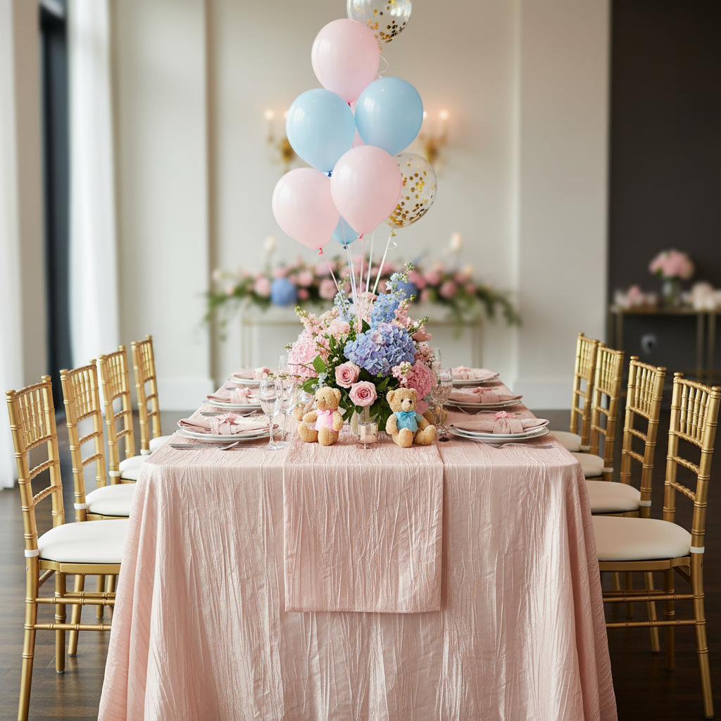 Accordion Crinkle Taffeta 90"x132" Rectangular Tablecloth - Blush/Rose Gold.
