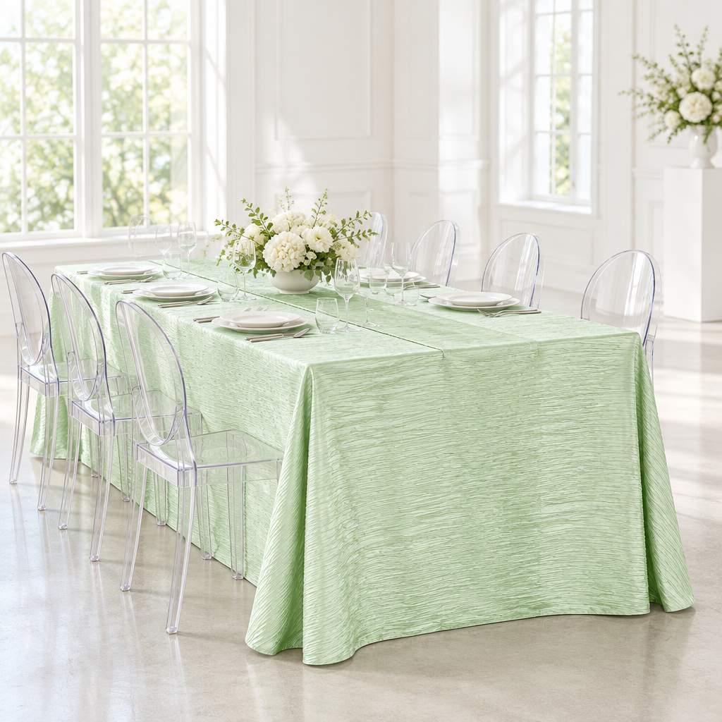 Accordion Crinkle Taffeta 90"x132" Rectangular Tablecloth - Mint Green.