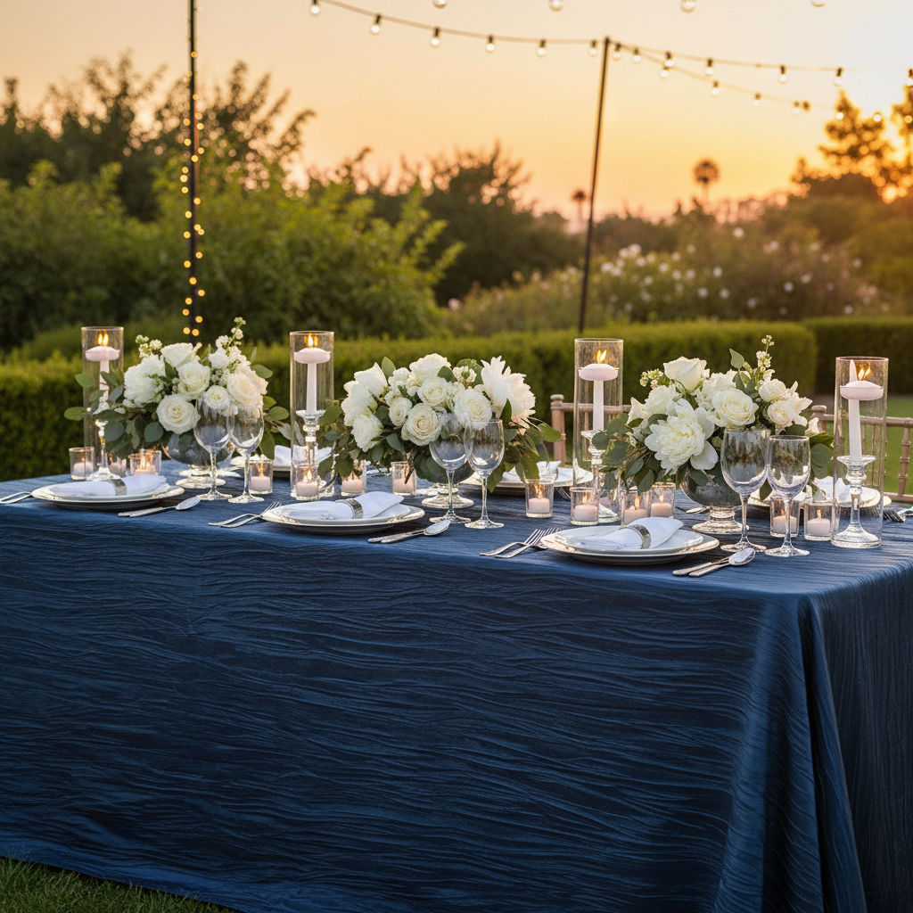 Accordion Crinkle Taffeta 90"x132" Rectangular Tablecloth - Navy Blue in Garden Reception.