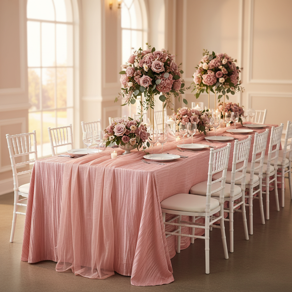 Accordion Crinkle Taffeta 90"x156" Rectangular Tablecloth - Dusty Rose/Mauve.
