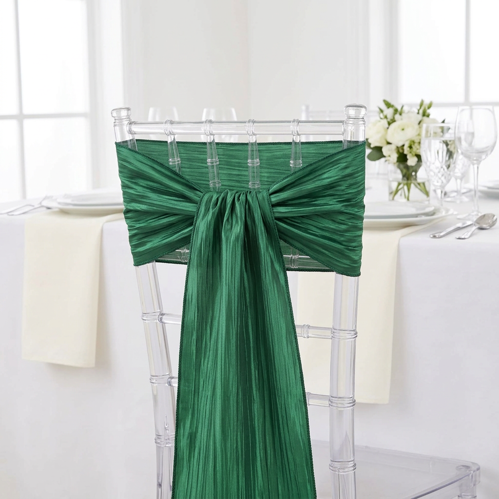 Accordion Crinkle Taffeta Chair Sash 7"x108" - Emerald Green.