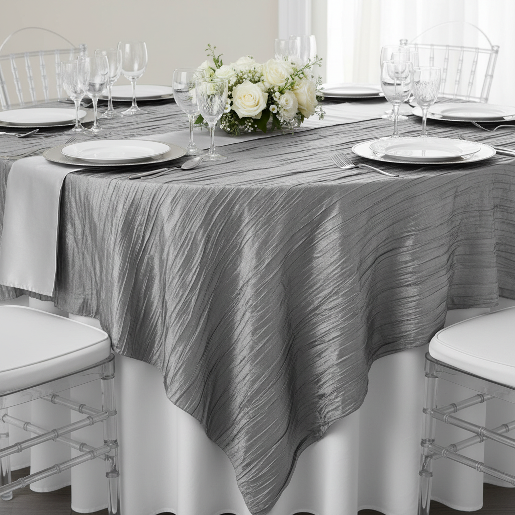Accordion Crinkle Taffeta Table Overlay Topper 85"x85" Square  - Silver.