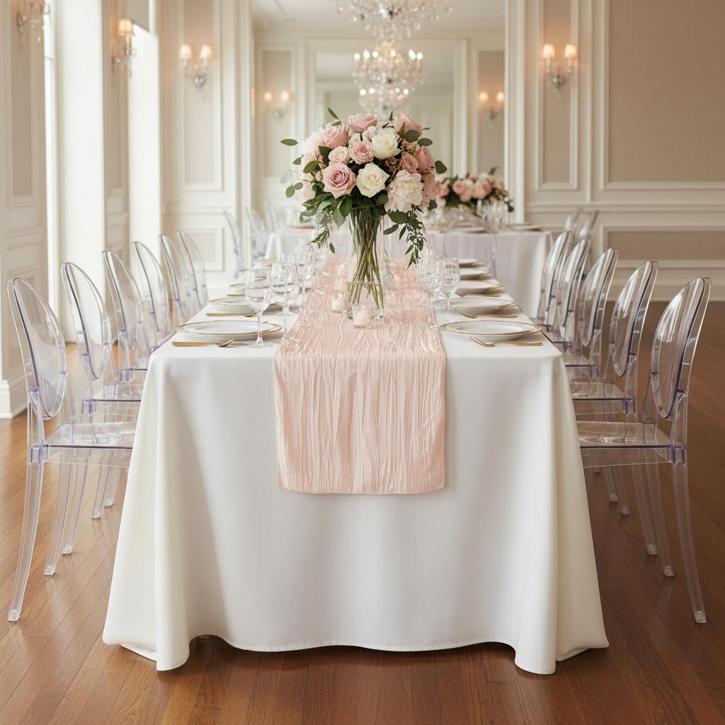 Accordion Crinkle Taffeta Table Runner - Blush/Rose Gold.