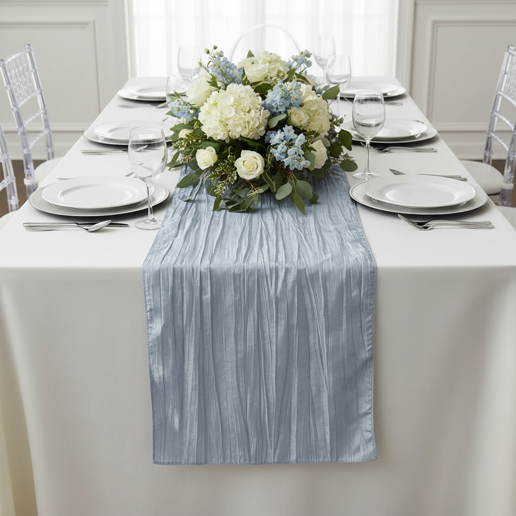Accordion Crinkle Taffeta Table Runner - Dusty Blue.