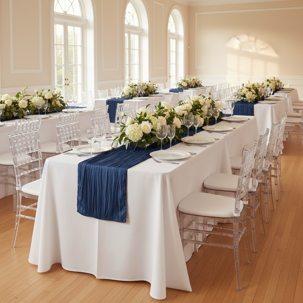 Accordion Crinkle Taffeta Table Runner - Navy Blue.