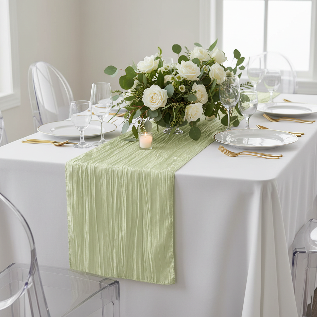 Accordion Crinkle Taffeta Table Runner - Sage Green.