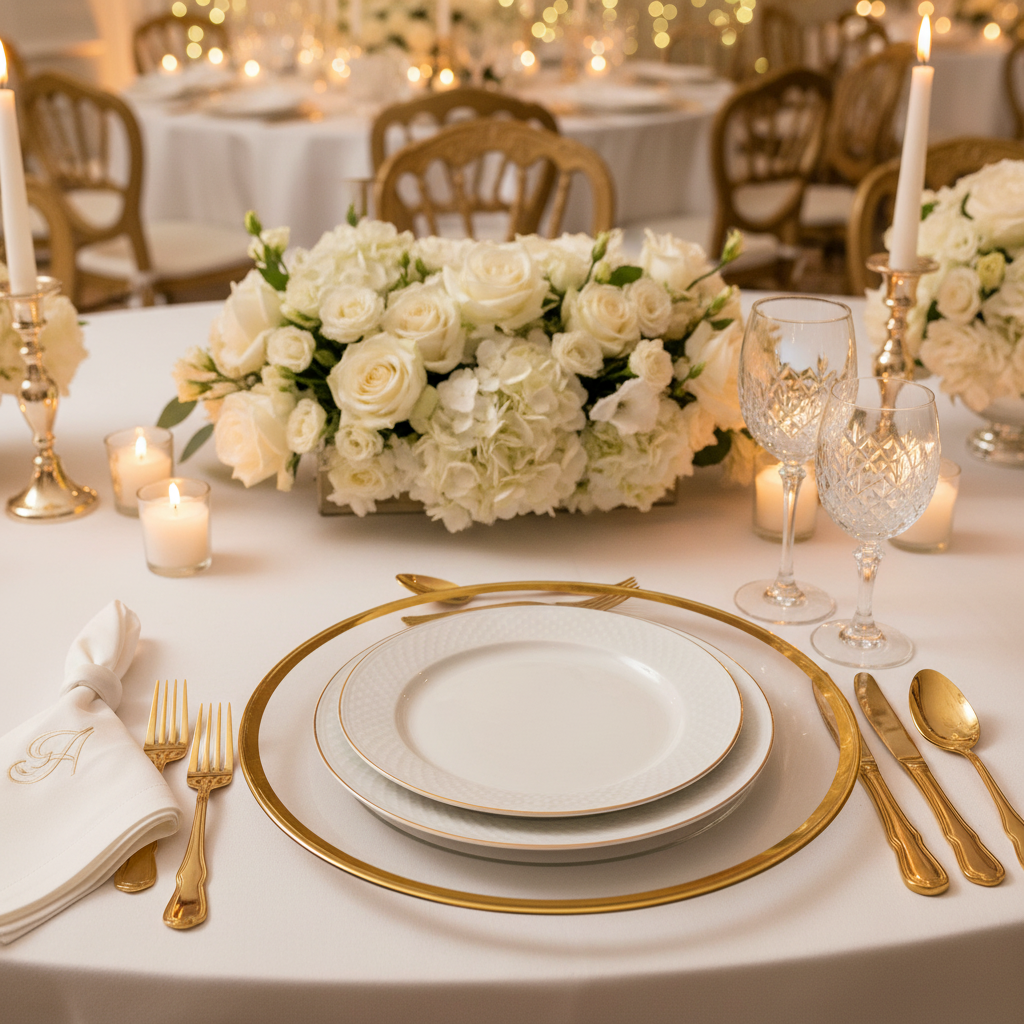 Alpine Glass Charger Plate - Gold trim in Wedding Reception.