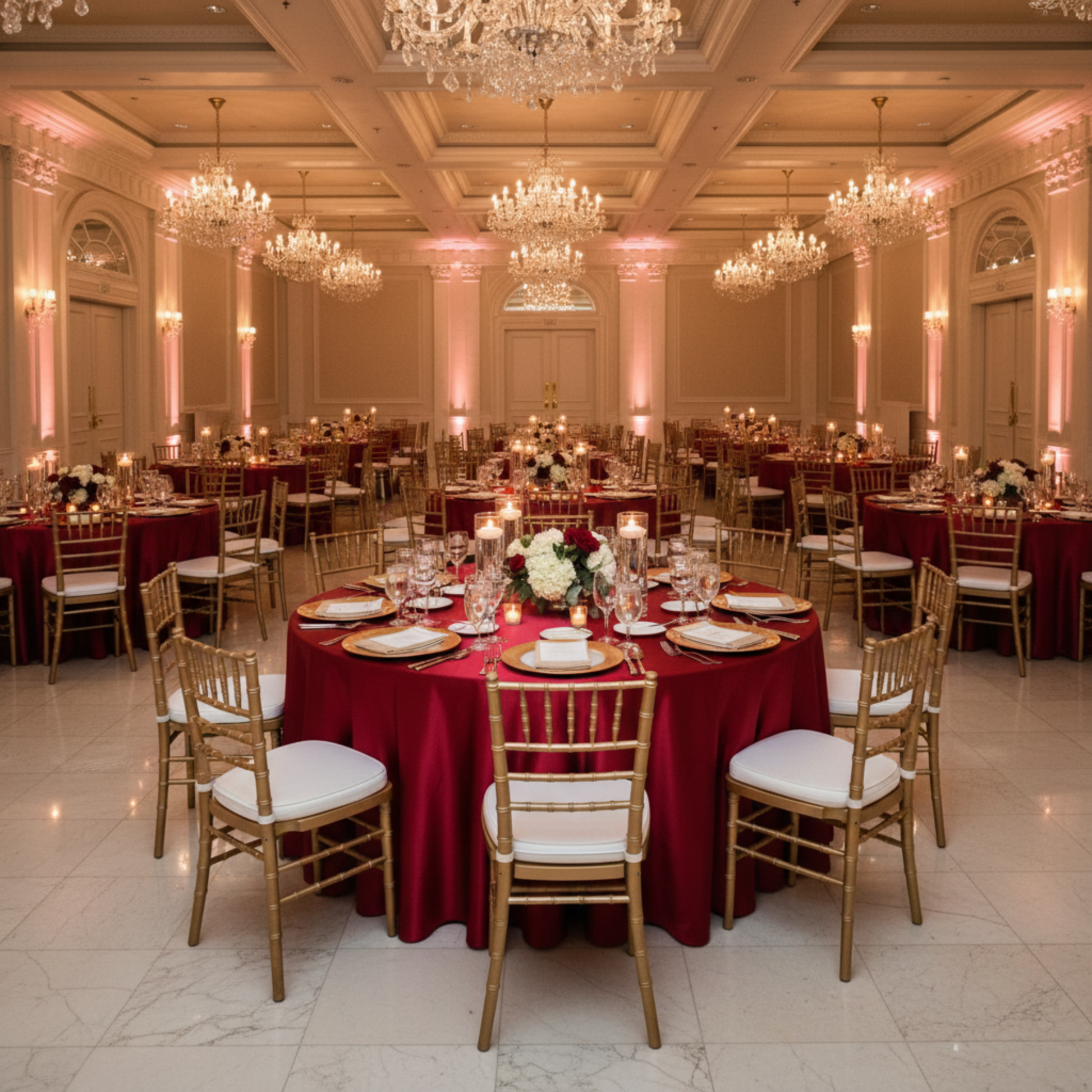 Apple Red 132 Round Satin Tablecloth – Indoor Wedding Reception