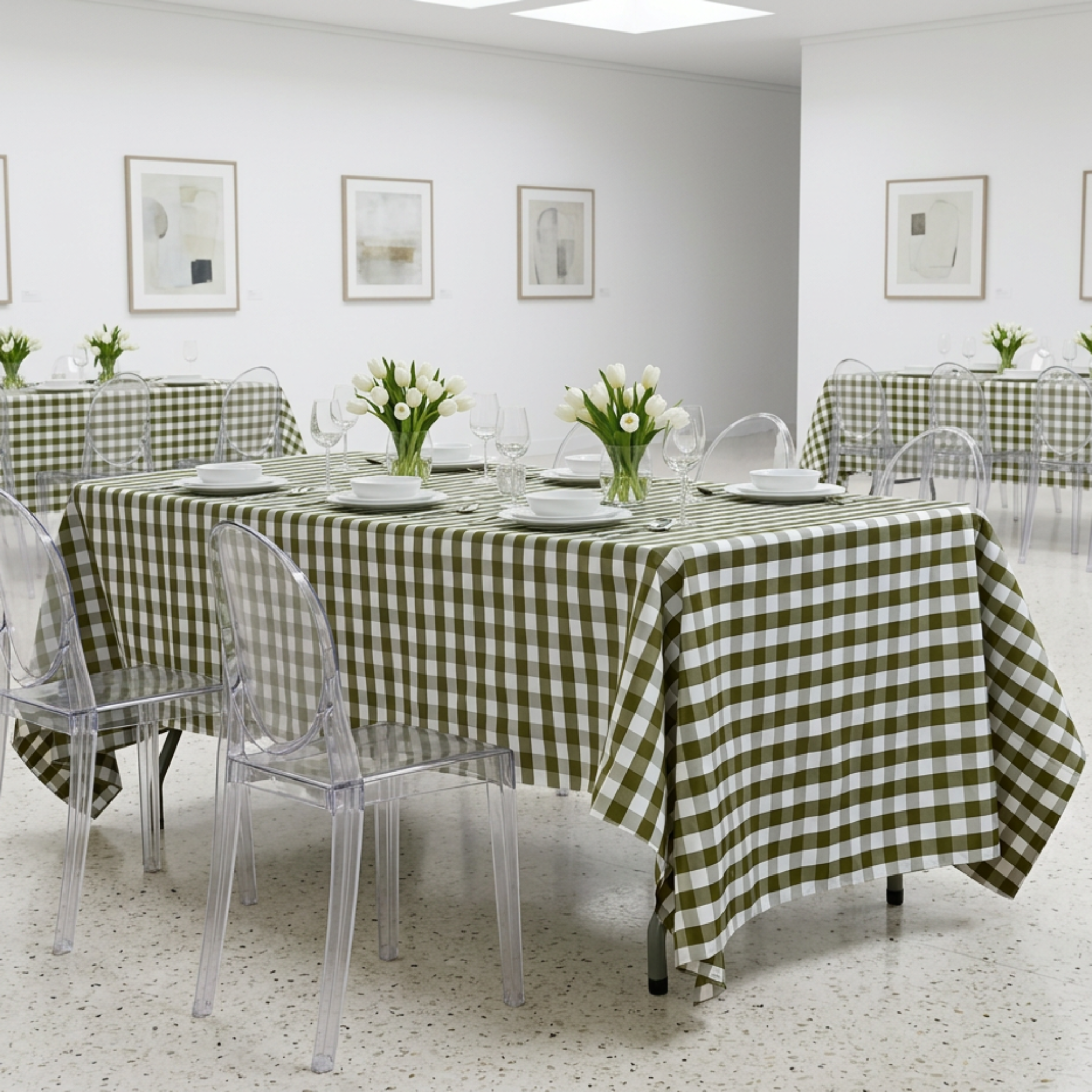Art-gallery wedding brunch with olive gingham tablecloth