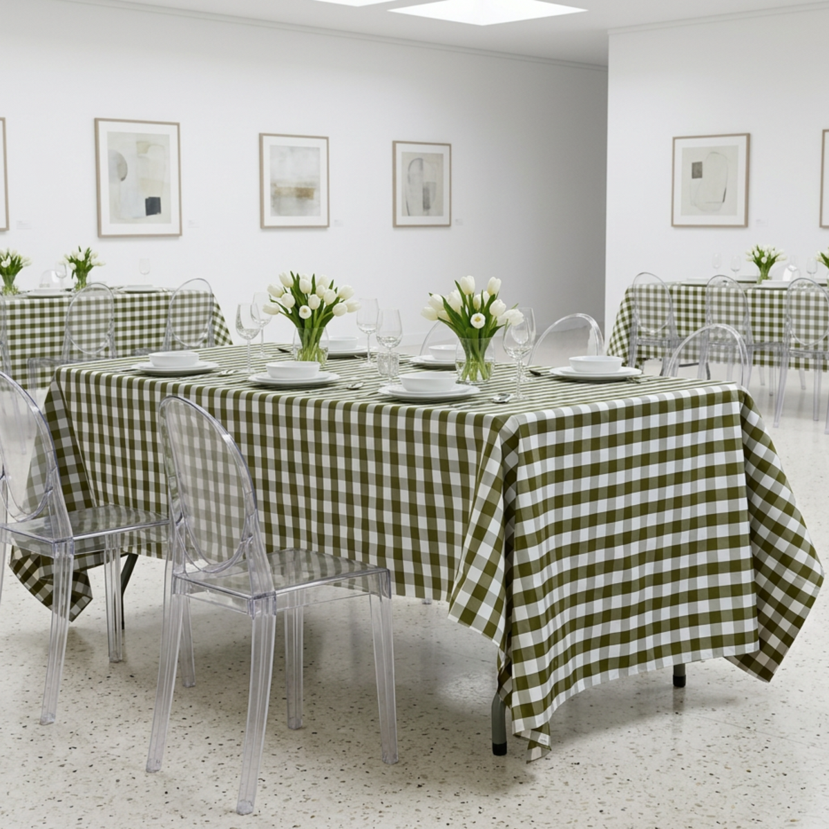 Art-gallery wedding brunch with olive gingham tablecloth