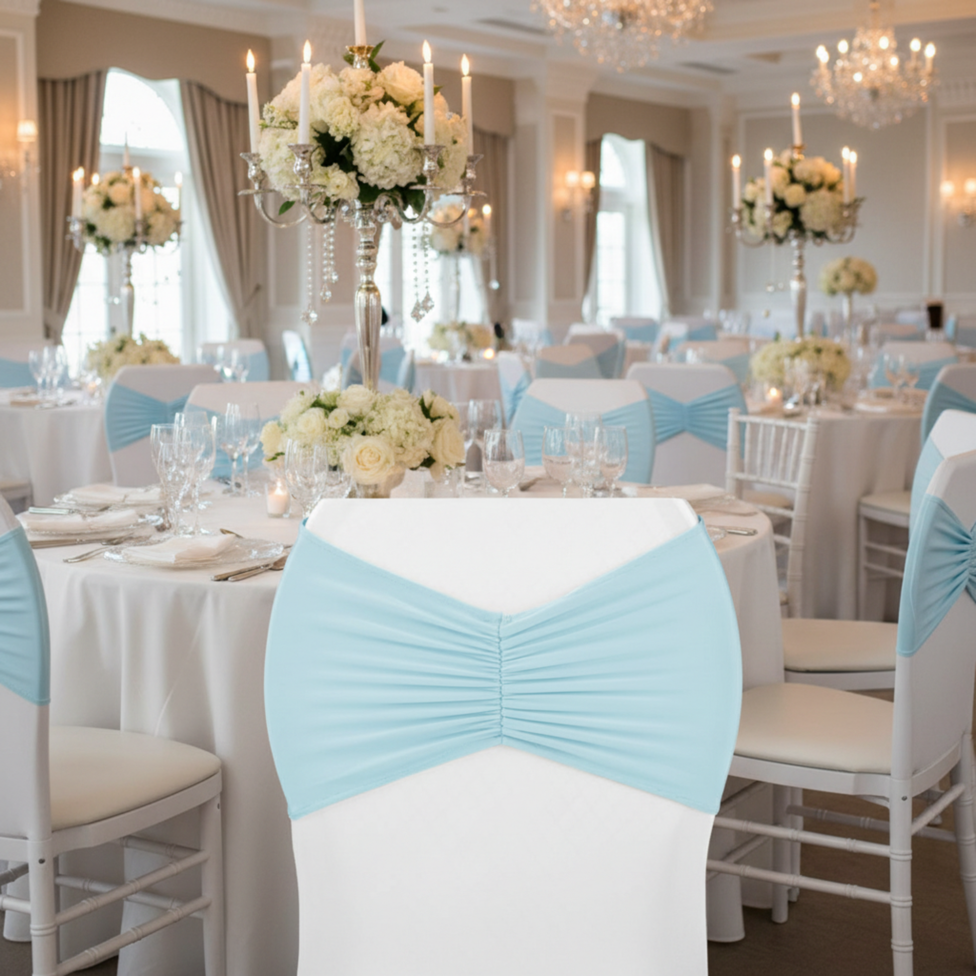 Baby Blue Ruffled Spandex Chair Band – Indoor Wedding