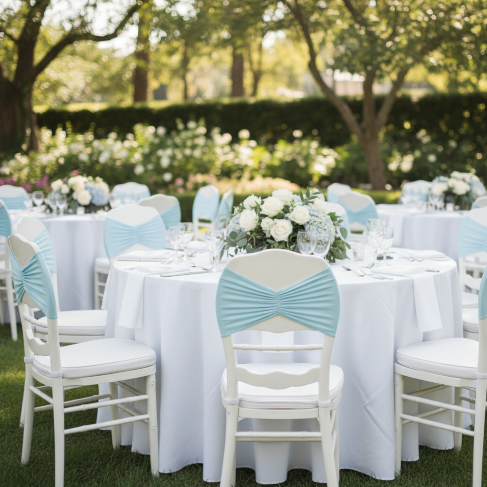 Baby Blue Ruffled Spandex Chair Band – Outdoor Wedding