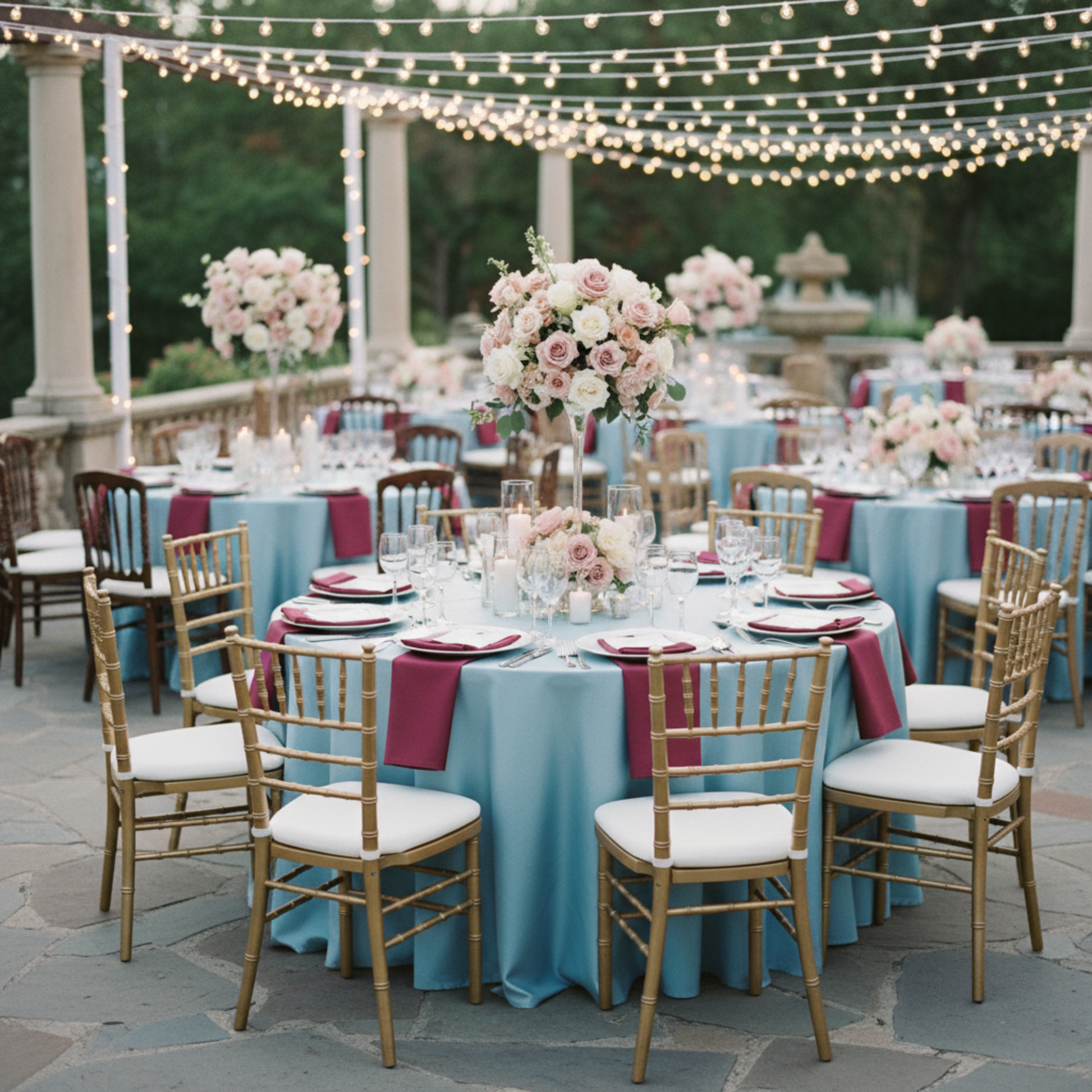 Baby Blue 120 Round Taffeta Tablecloth– Outdoor Wedding Reception 