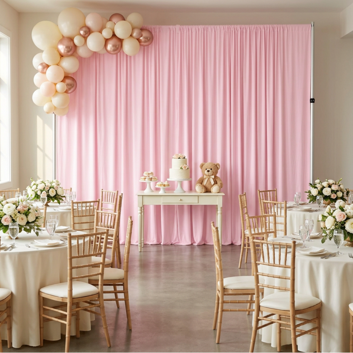 Classic teddy bear baby shower with pink drape