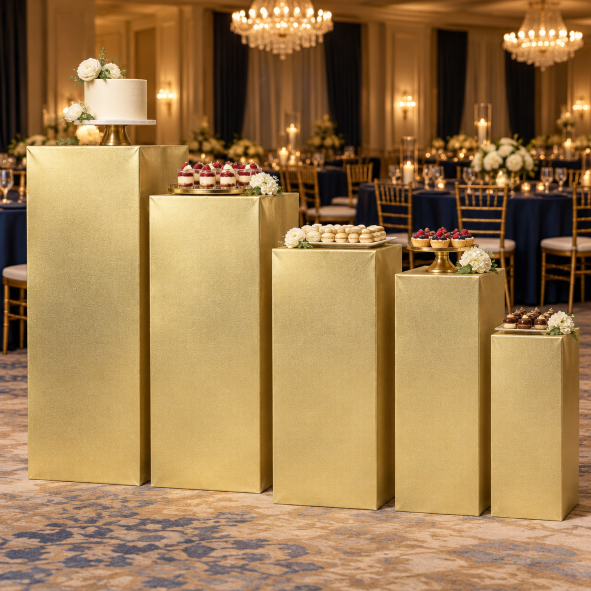 Ballroom dessert display with metallic-gold square pedestal covers