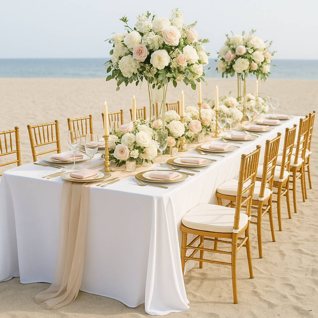 Elegant wedding king table setup on a sandy beach with floral arrangements and white tablecloth.