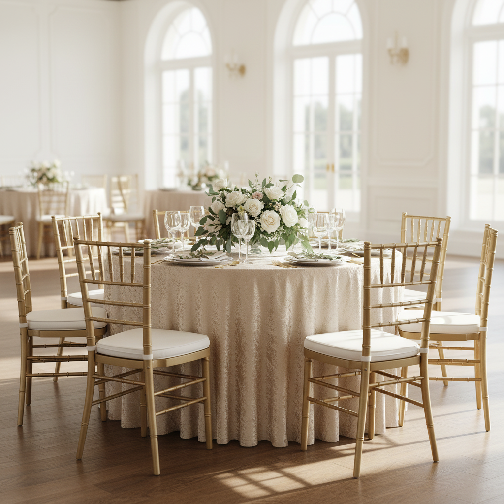 Beige Velvet Round Tablecloth Indoor Wedding Mockup