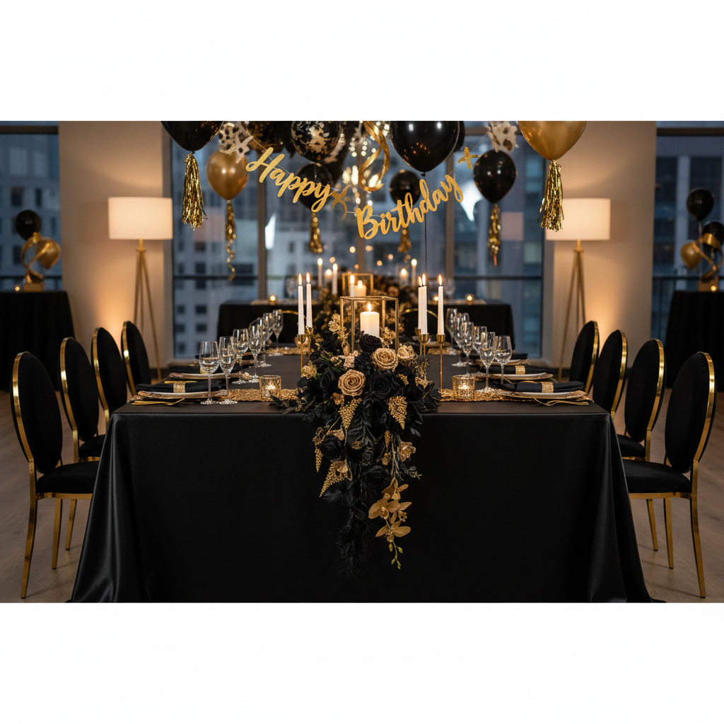 Black and Gold birthday celebration with black premium satin wrinkle resistant rectangular tablecloth