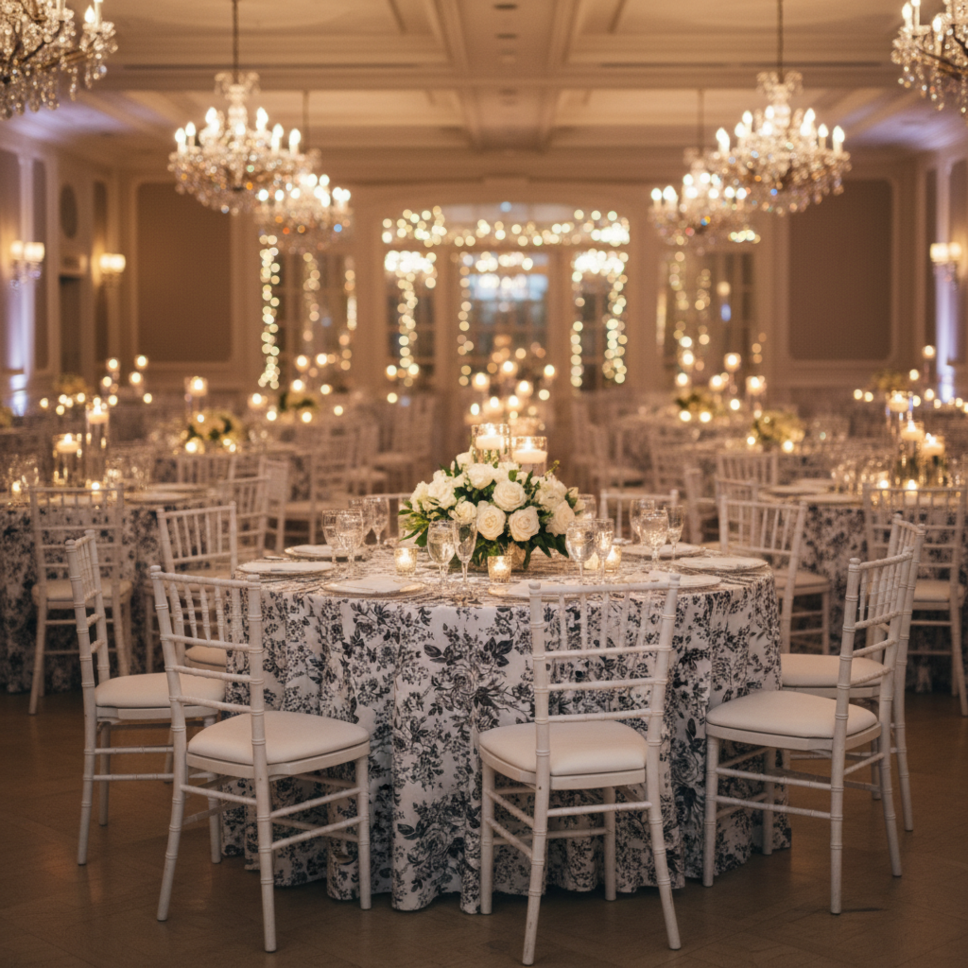 Black 120 Round French Toile Tablecloth Indoor Ballroom Wedding Reception