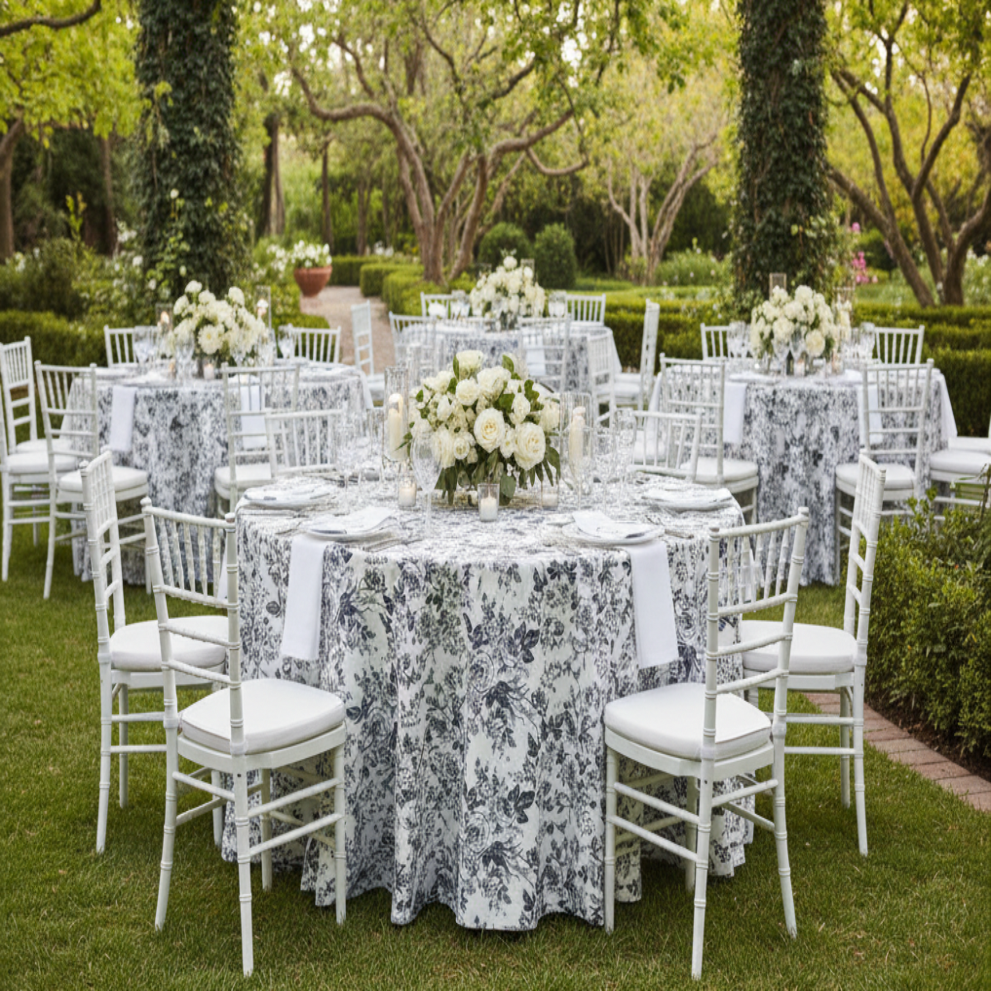 Black French Toile 120 Round Outdoor Wedding Reception