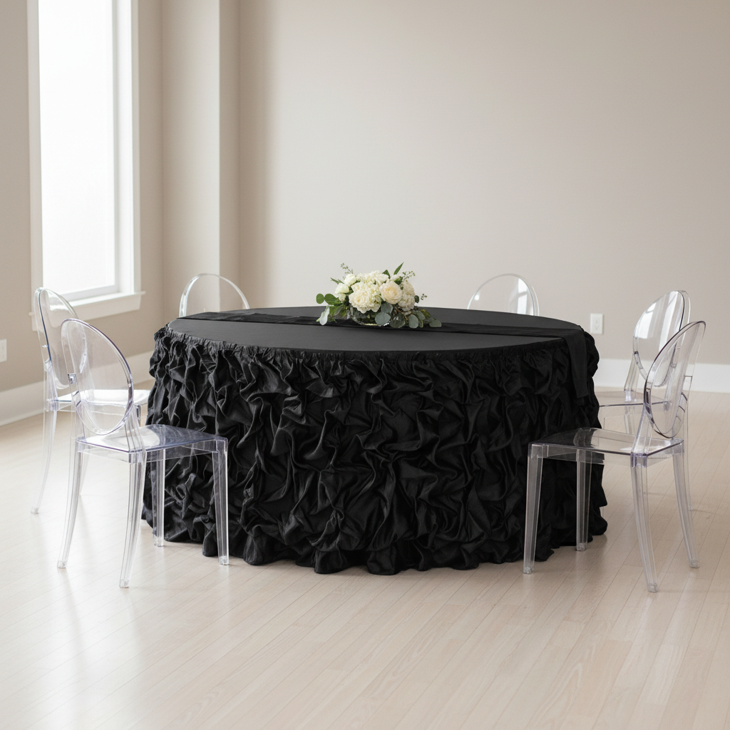 14ft Gathered Lamour Satin Table Skirt - Black.