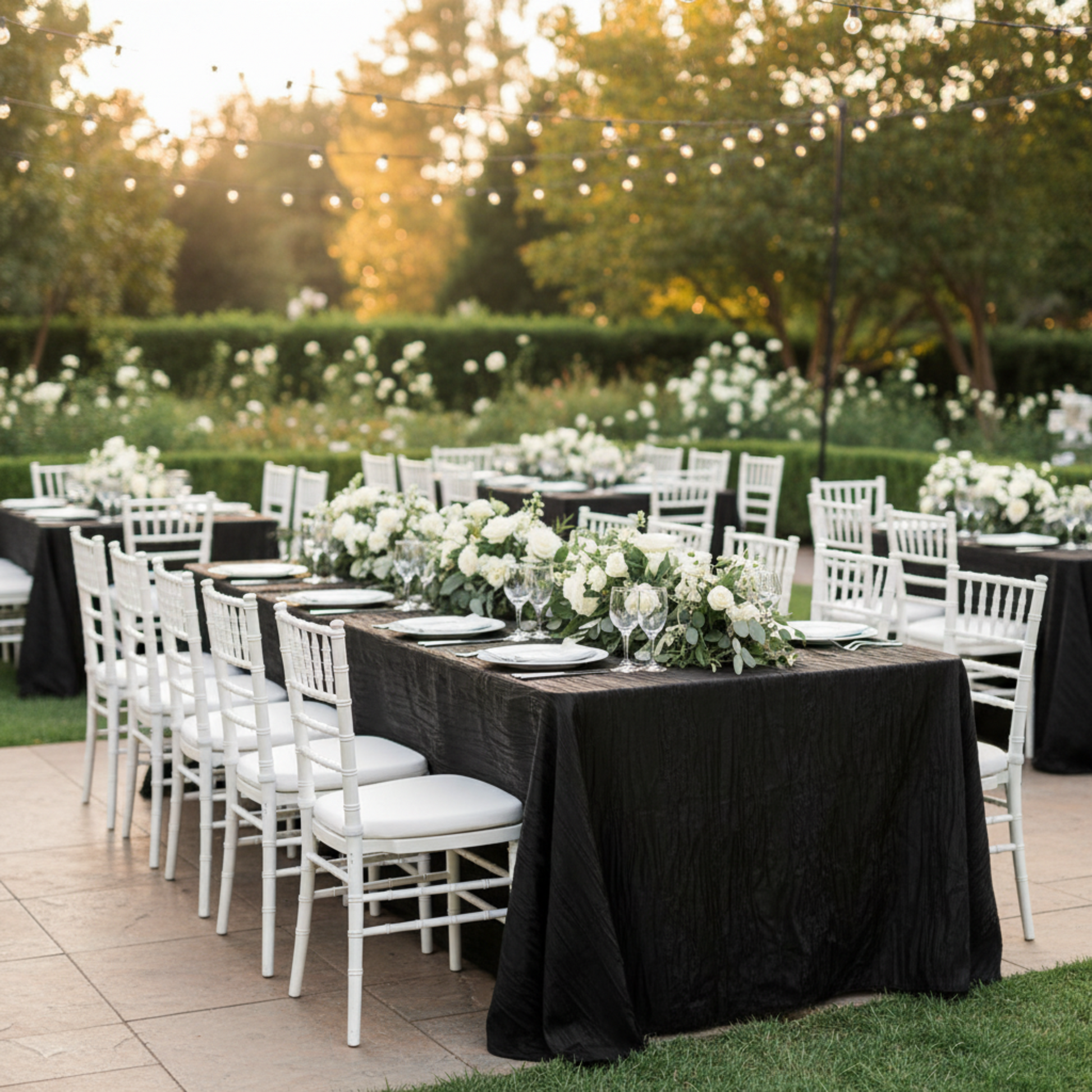 Black Accordion Crinkle Taffeta 90x156 Rectangular Tablecloth – Outdoor Wedding