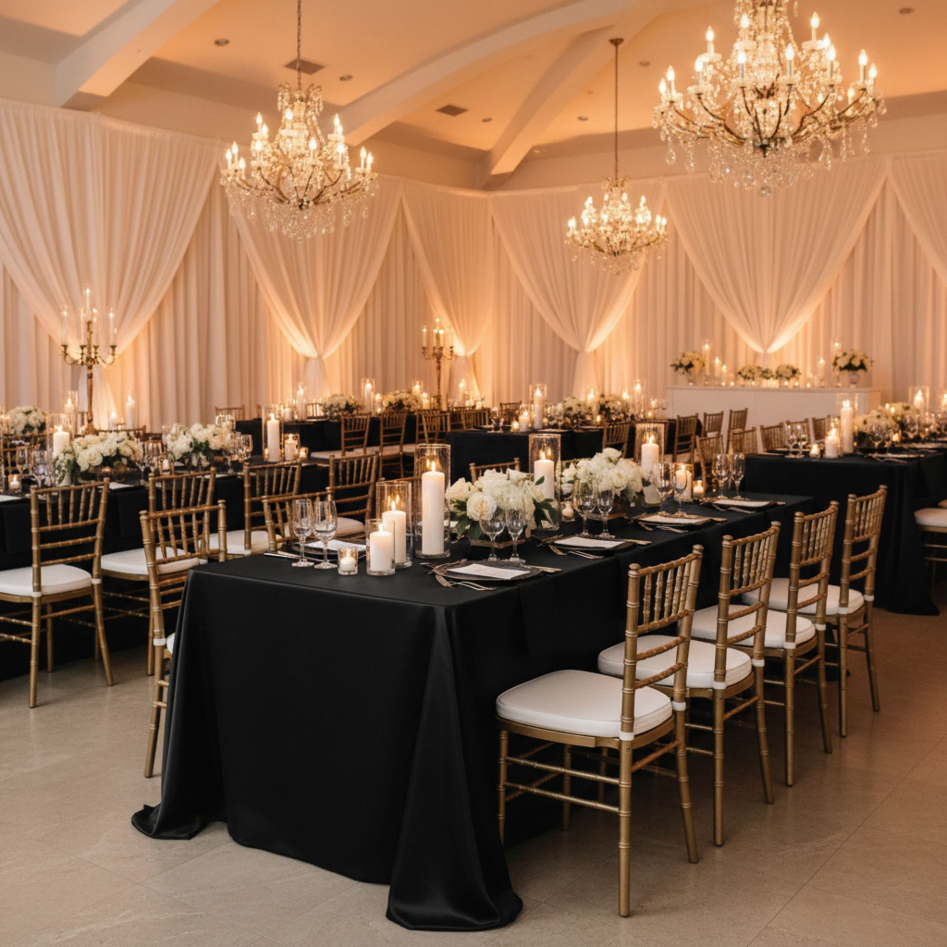 Black Lamour Satin 90x132 Rectangular Tablecloth Indoor Reception
