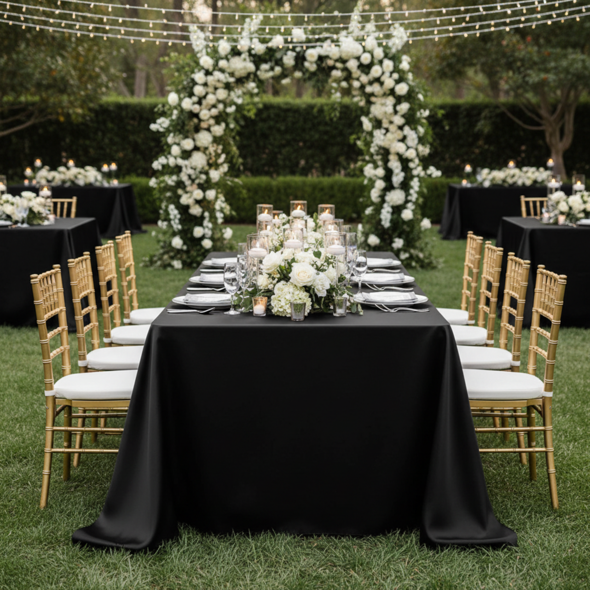 Black Lamour Satin 90x132 Rectangular Tablecloth Outdoor Reception