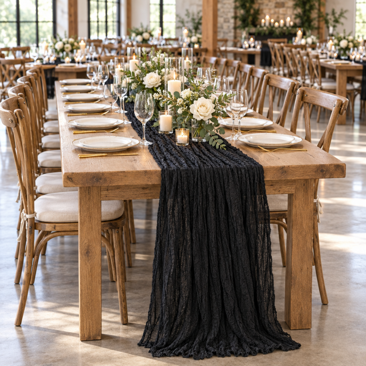 Black cheesecloth runner, three-quarter event view