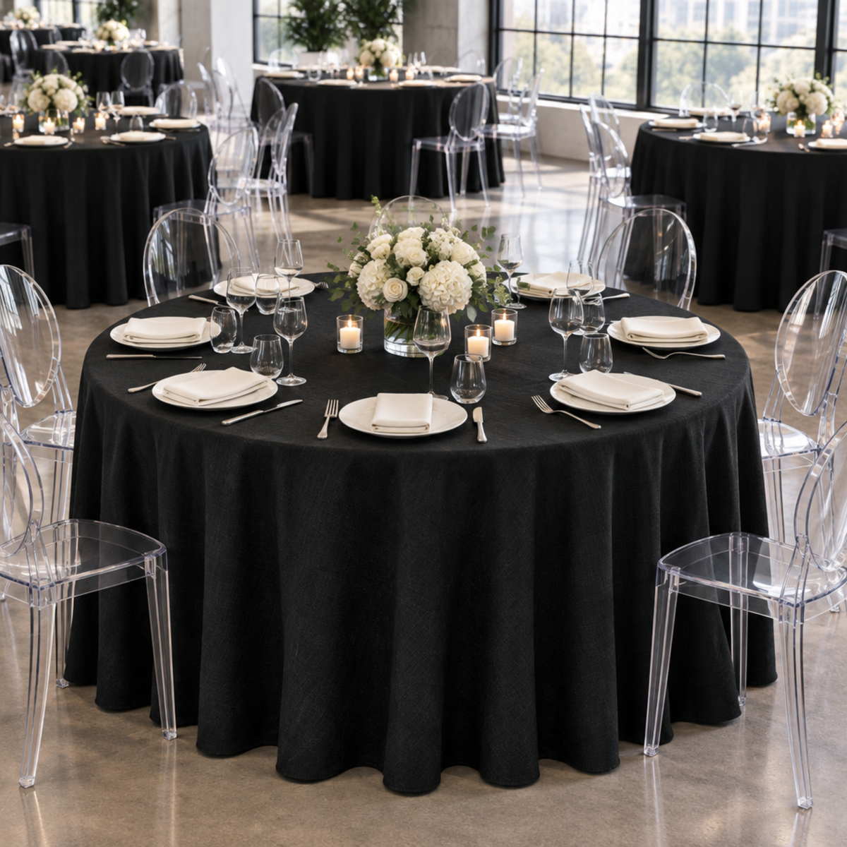 Black panama tablecloth in a modern loft event space