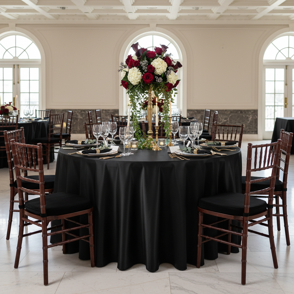 Black Satin Tablecloth Set Up in a Hall