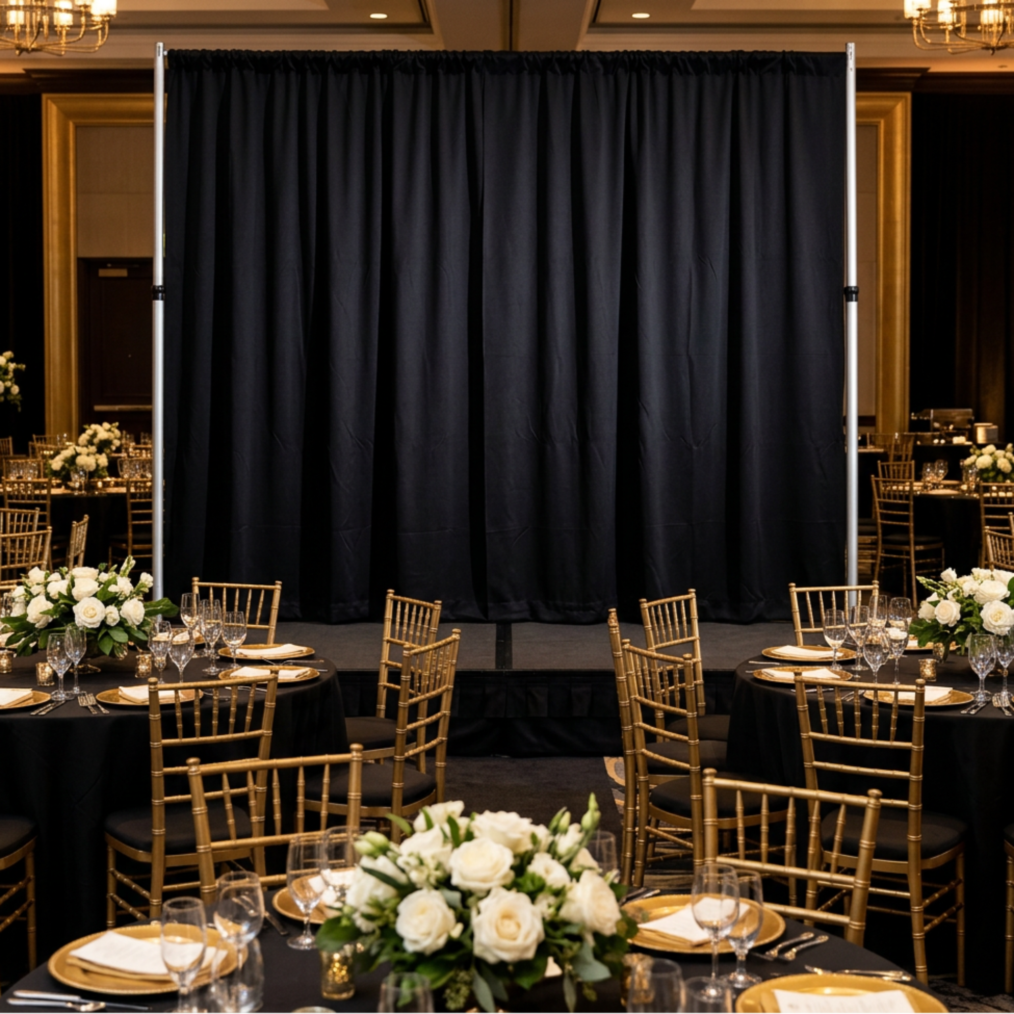 Black scuba backdrop at a black-and-gold evening gala
