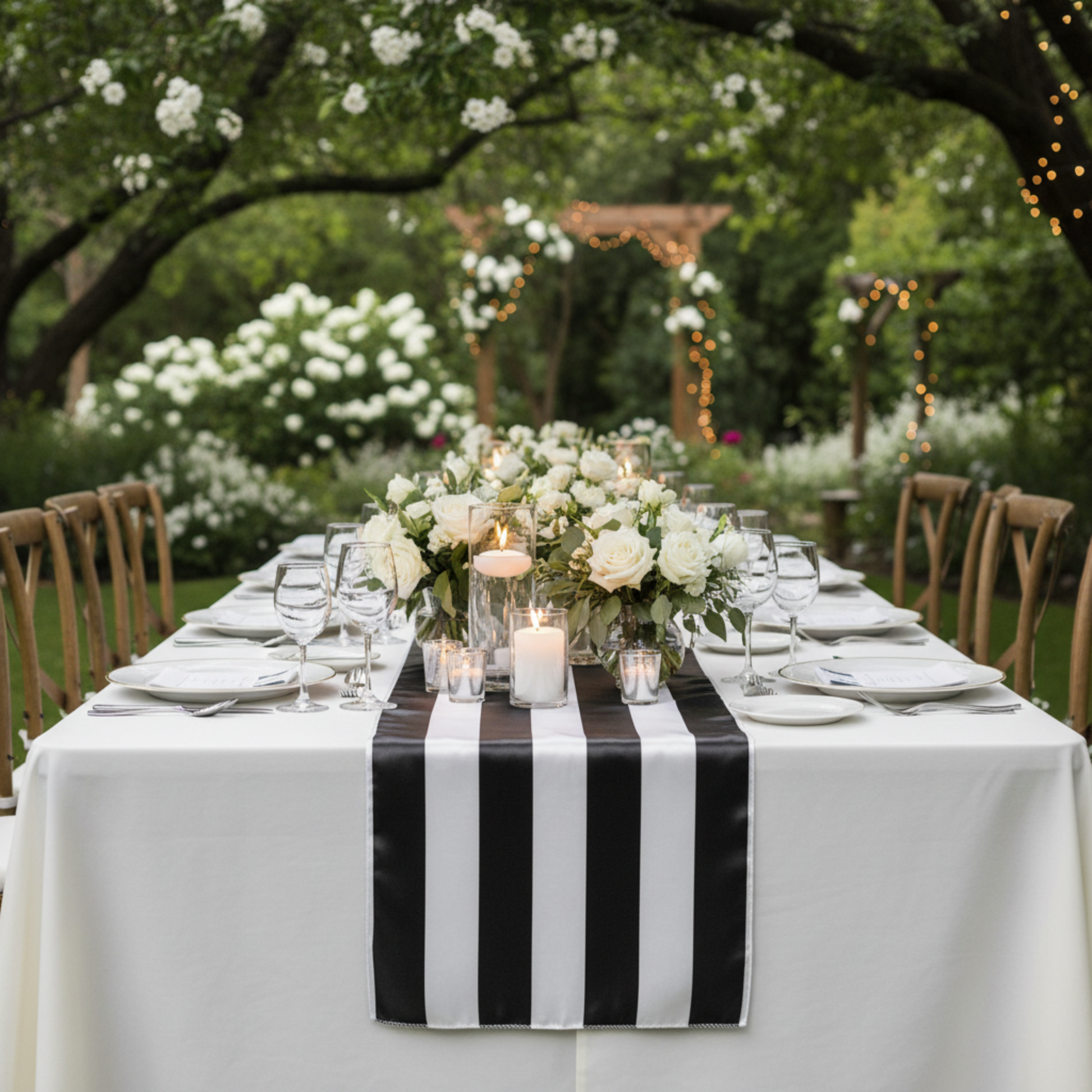 Black & White Striped Satin Table Runner – Outdoor Wedding