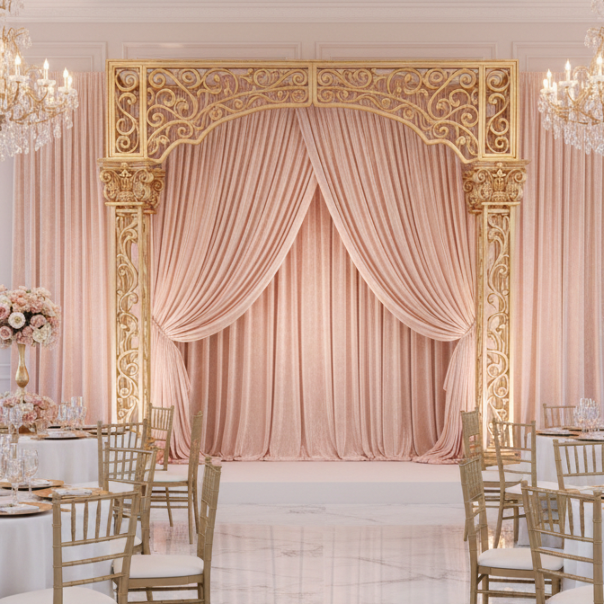 Blush Rose Gold Velvet Drape - Indoor Wedding