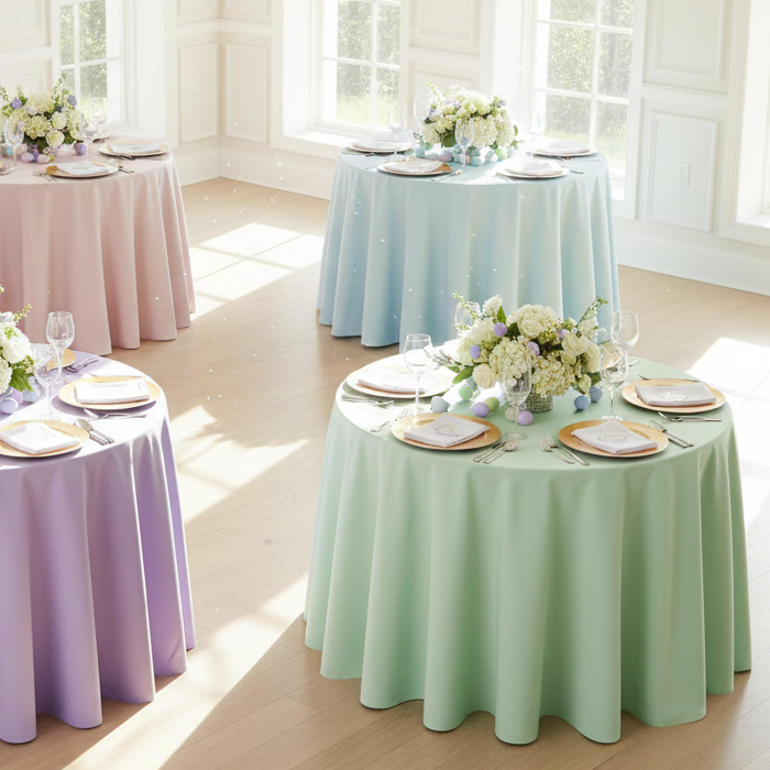 Bright Easter venue with four round tables featuring lavender, baby blue, blush, and mint green floor-length tablecloths
