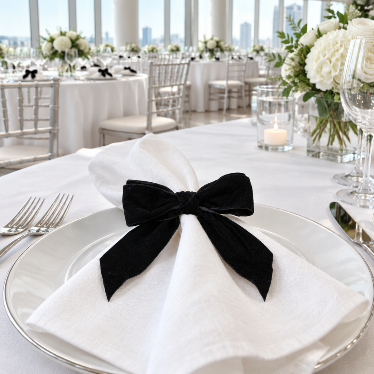 Bright indoor gala with black velvet bow-tie napkin ring