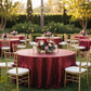 Burgundy Sequin Tablecloth Outdoor Garden with Chairs and Centerpiece