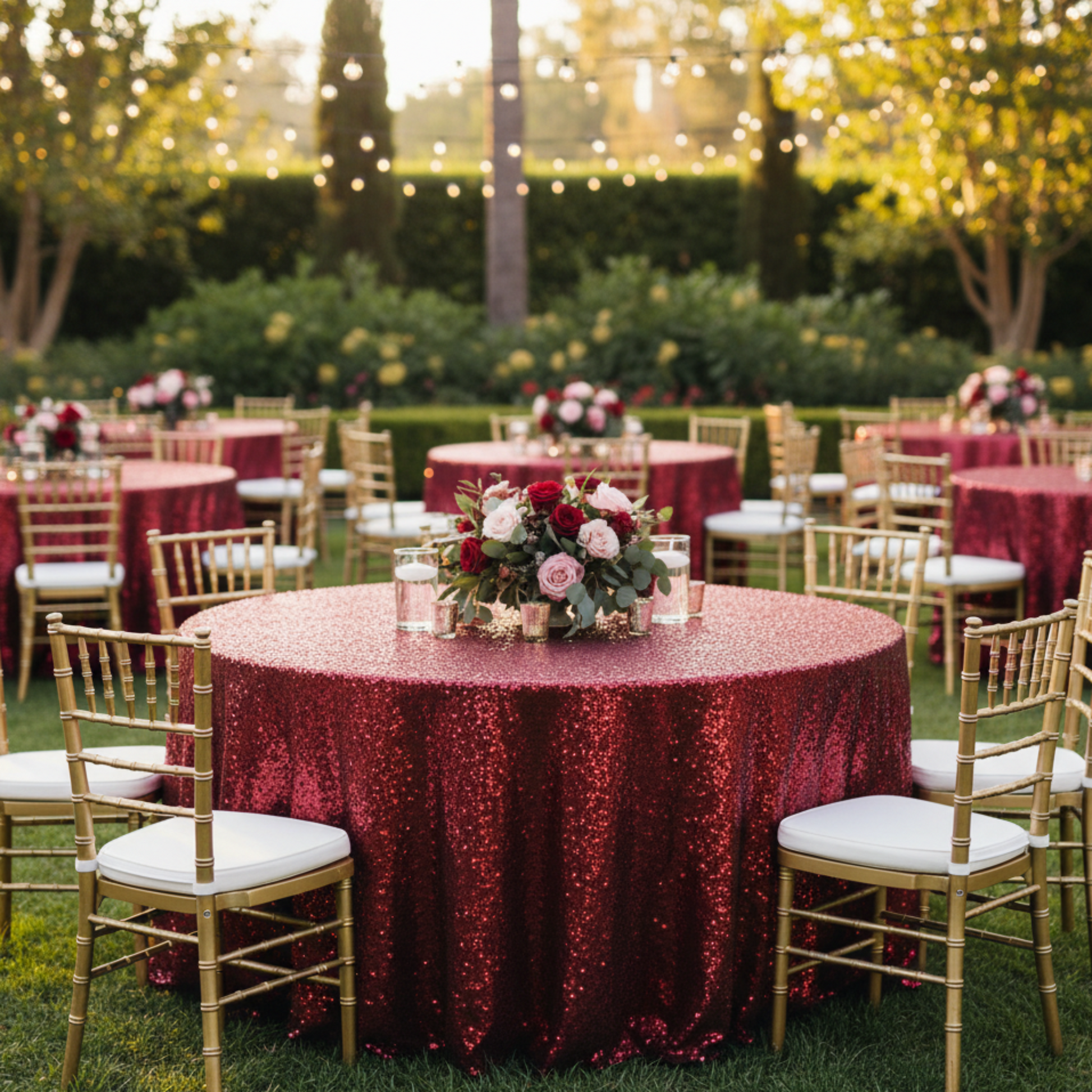 Burgundy Sequin Tablecloth Outdoor Garden with Chairs and Centerpiece