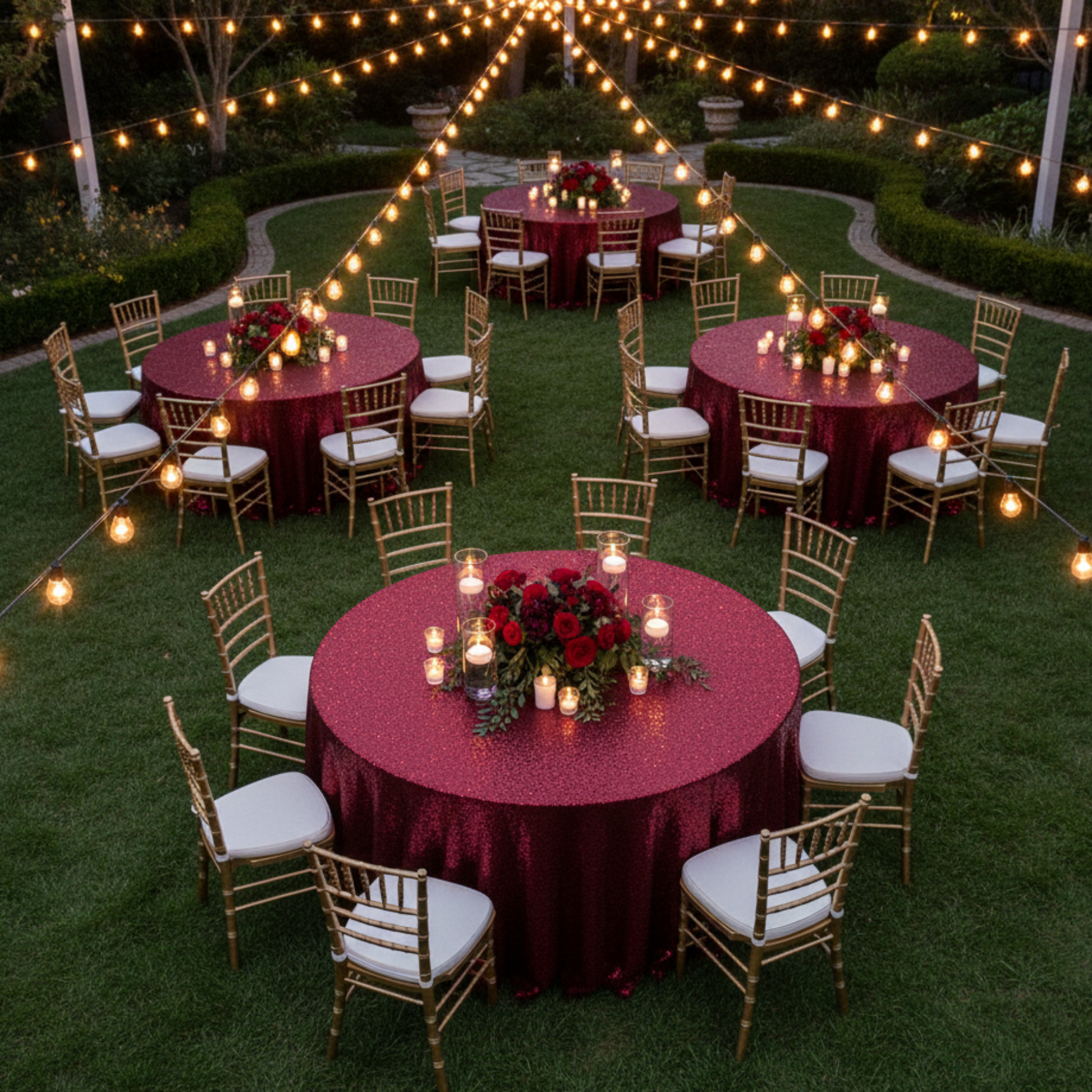 Burgundy Sequin Tablecloth Top View Outdoor