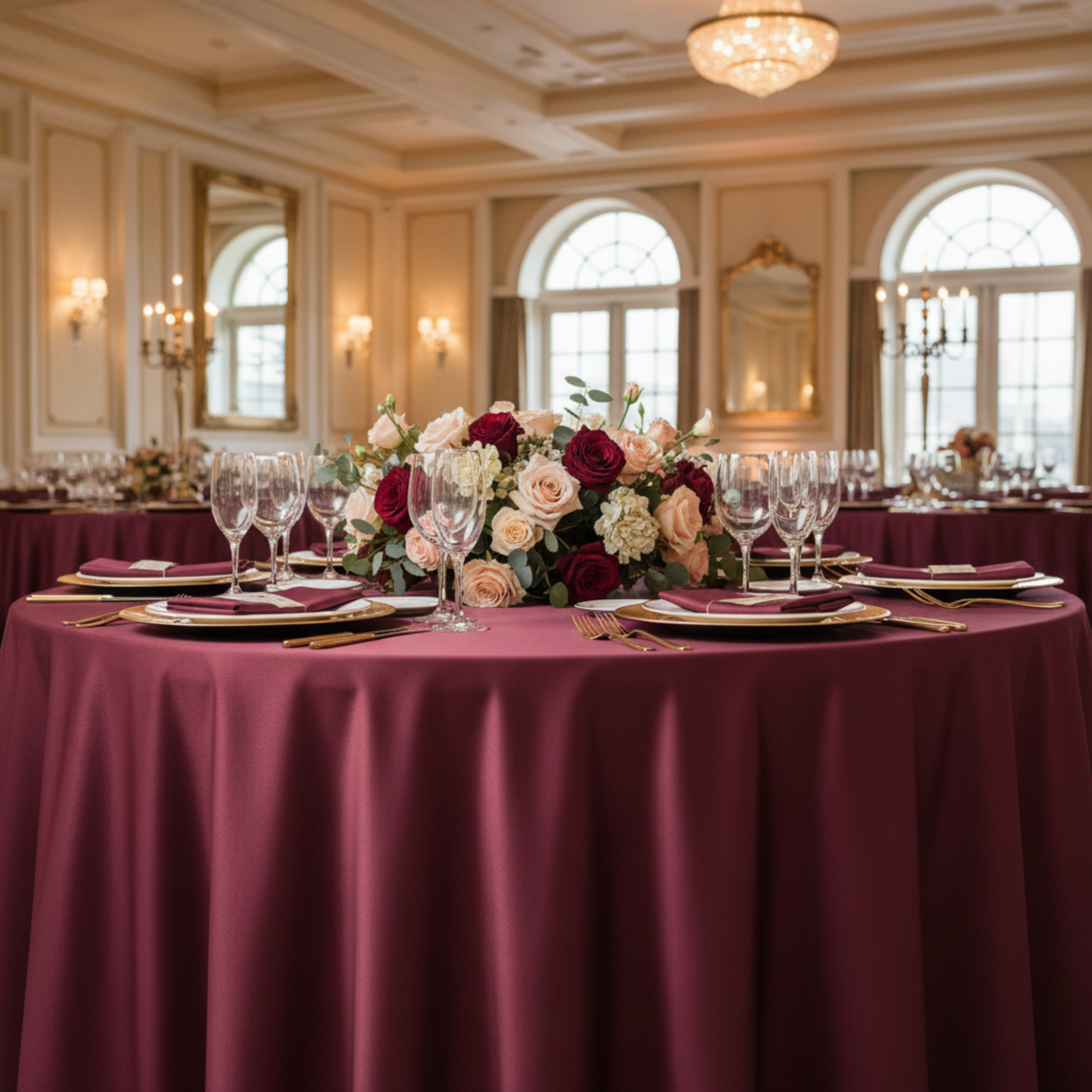Burgundy Lamour Satin 120 Round Tablecloth Indoor Wedding Reception