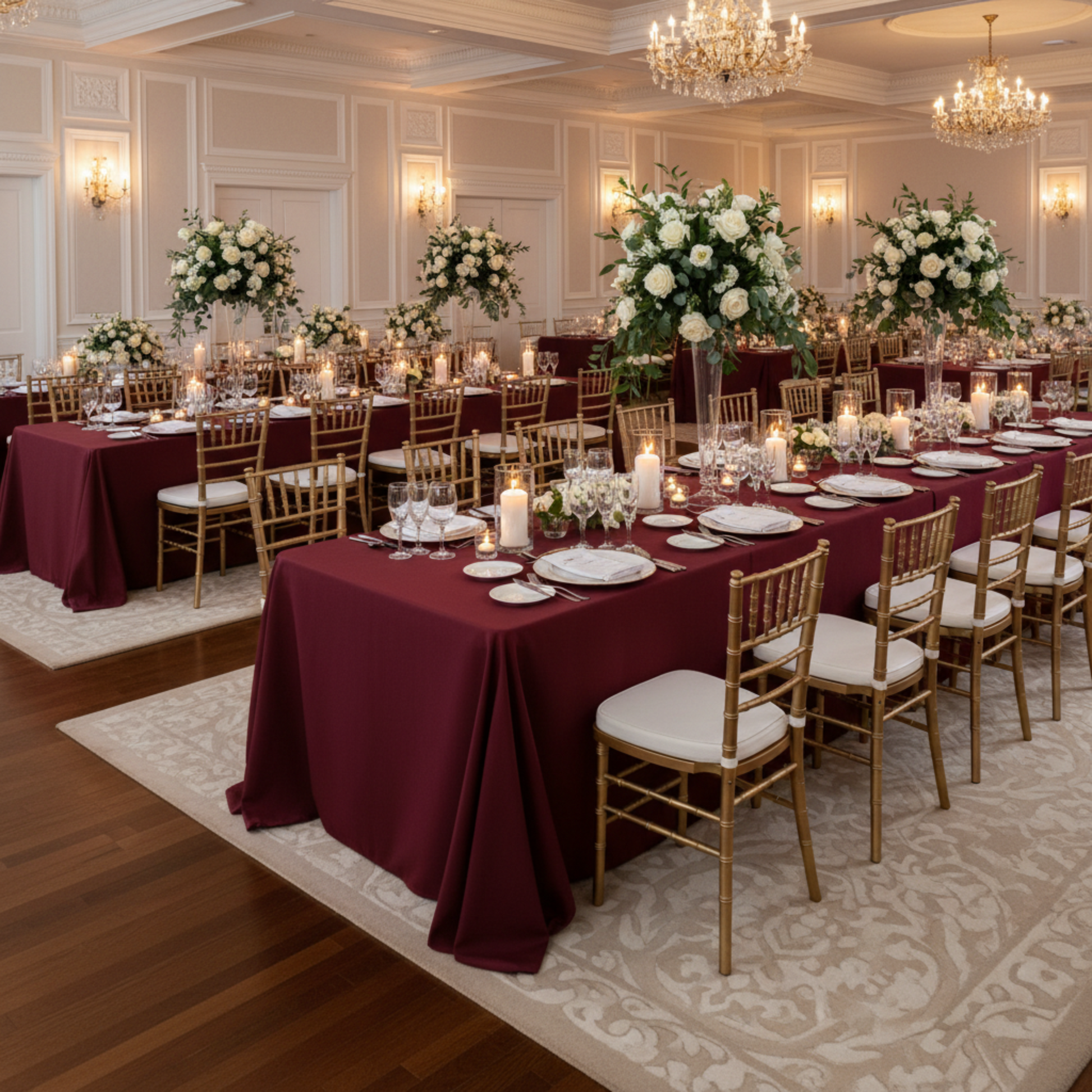 Burgundy Premium Polyester 90x156 Tablecloth – Indoor Wedding Reception 