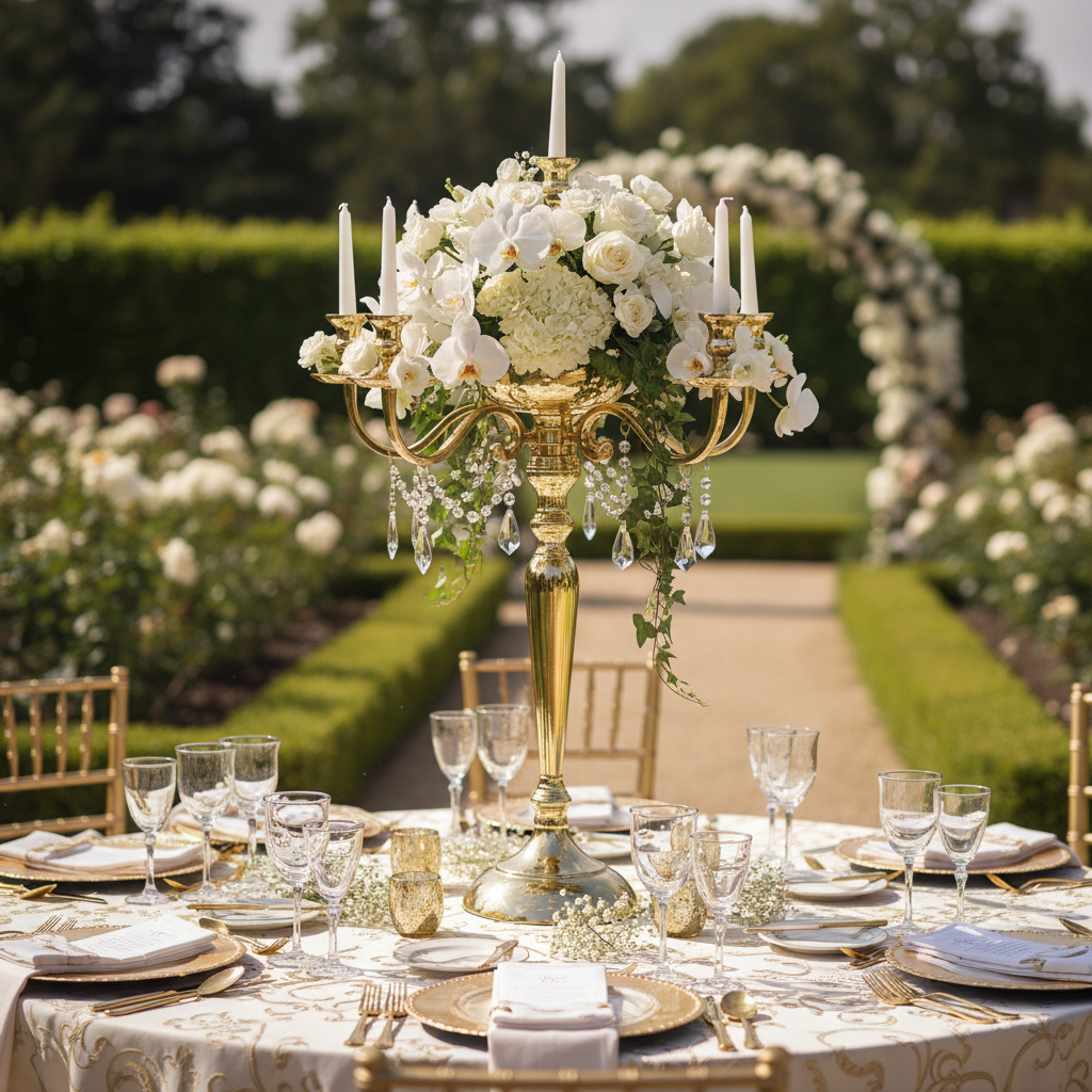 Candelabra Centerpiece with Hanging Crystals - Gold Outdoor with Round Table and Gold Chiavari Chairs.