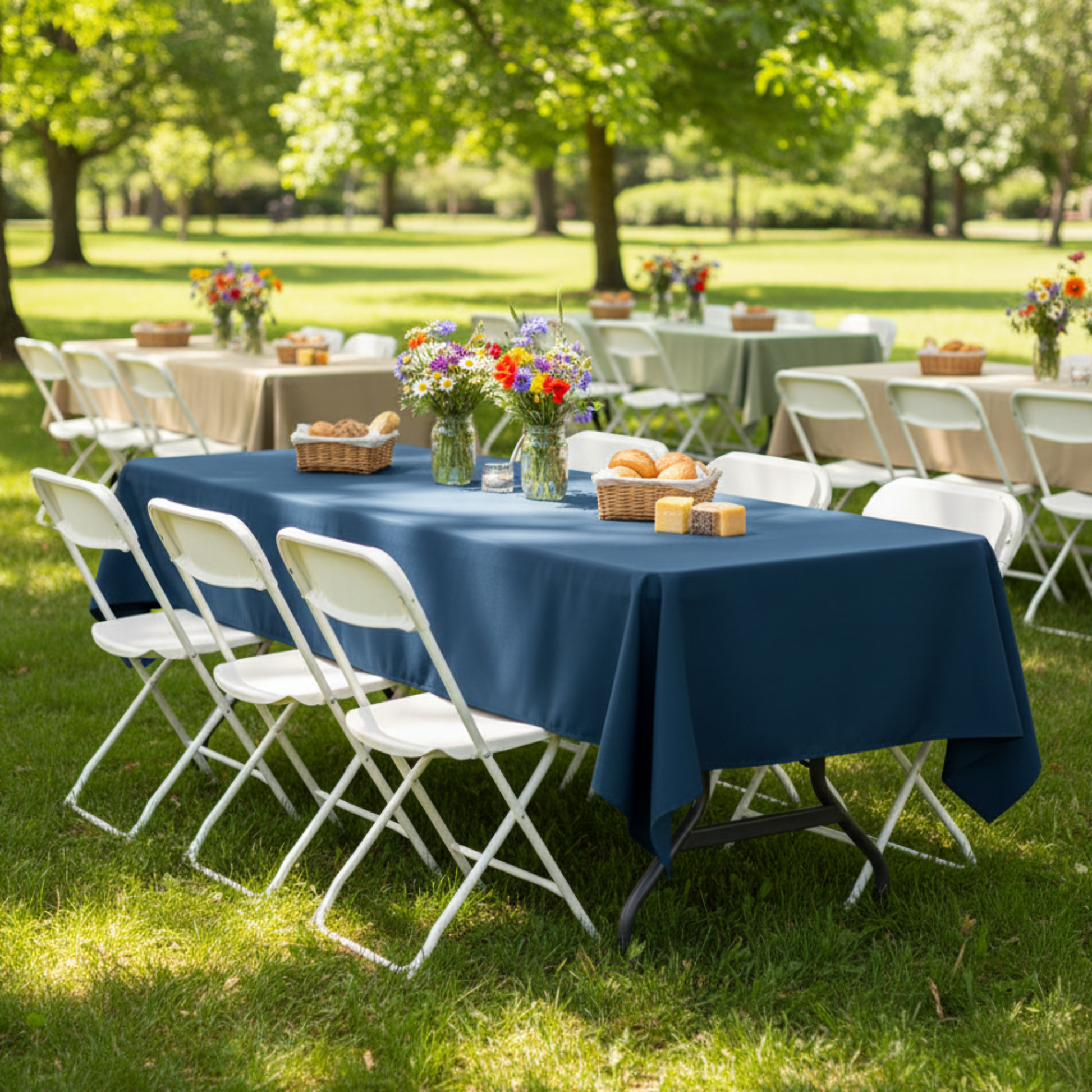 Casual Outdoor Picnic Front Angled Navy Blue Tablecloth