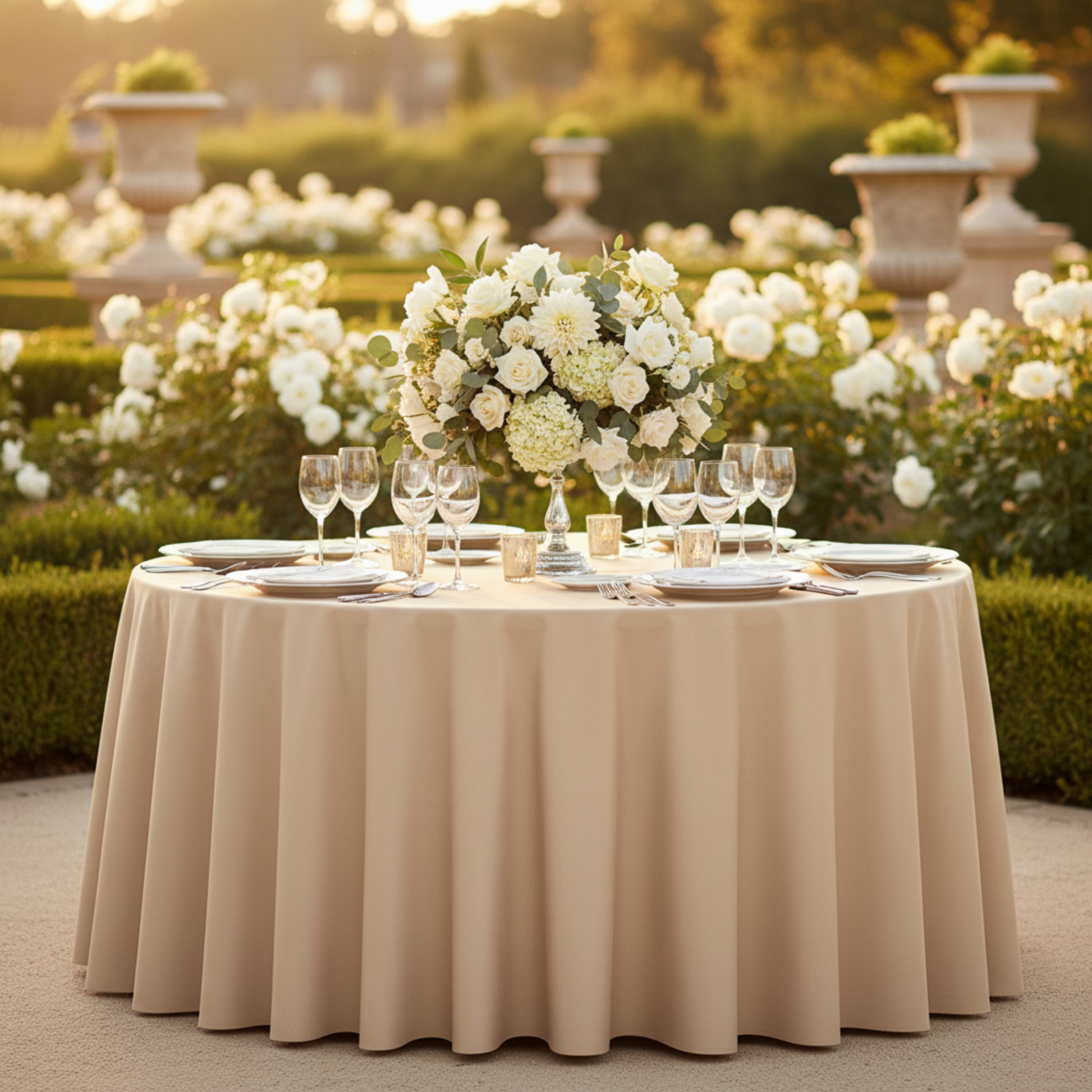 Champagne 120 Round Economy Polyester Tablecloth Outdoor Banquet Lifestyle