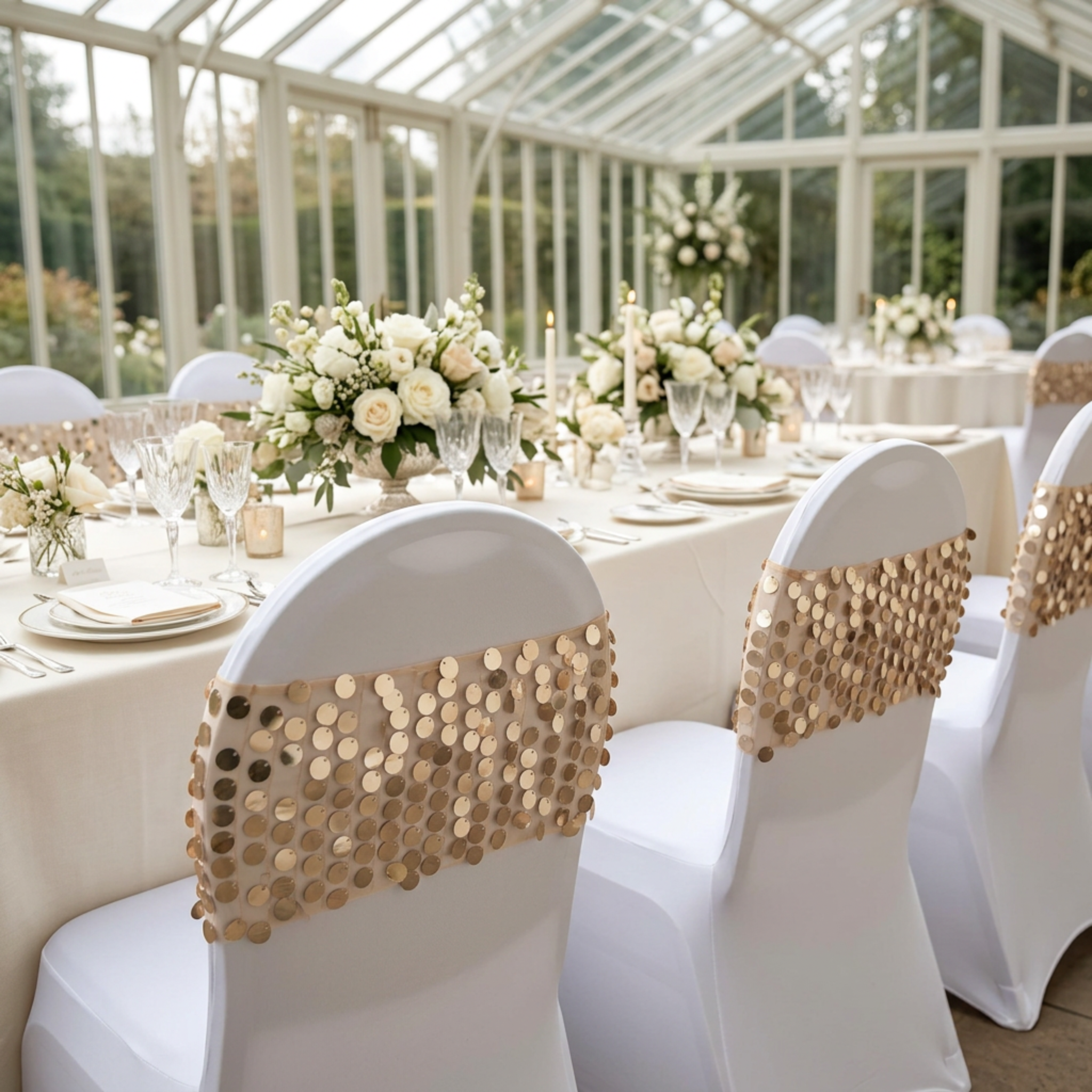 Champagne sequin chair bands at a conservatory dinner