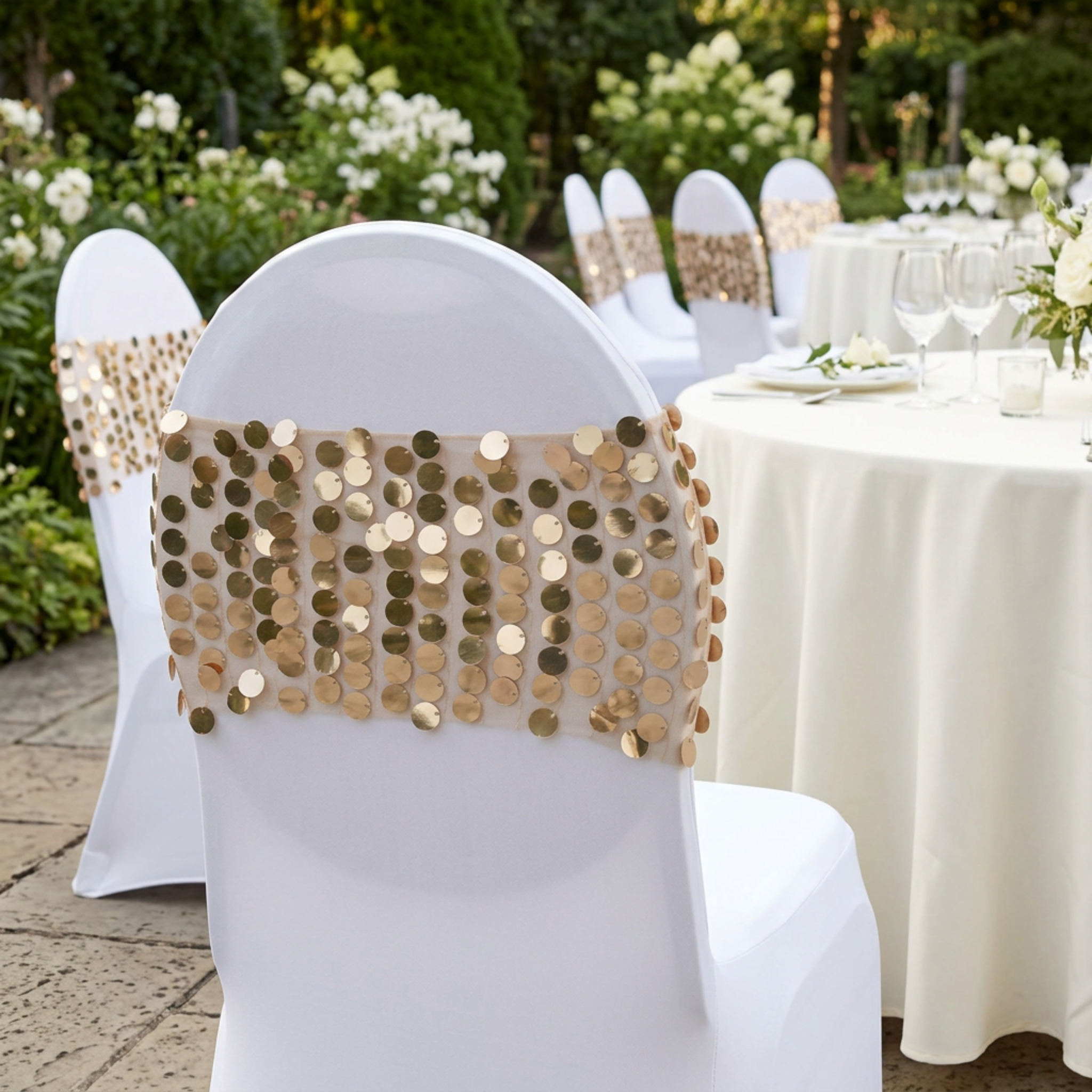 Champagne sequin chair bands at an outdoor garden reception