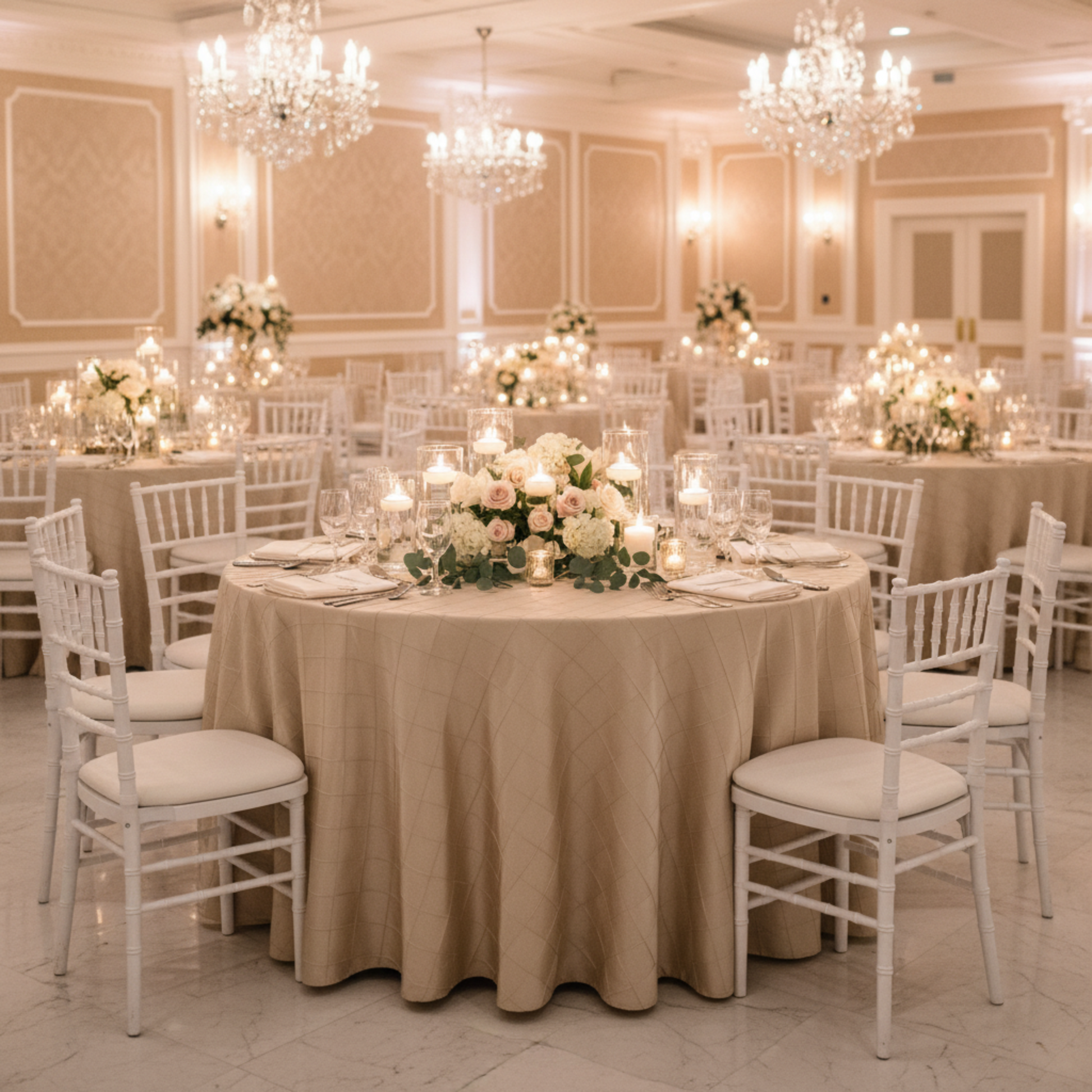 Champagne 120 Round Pintuck Tablecloth Indoor Wedding Reception