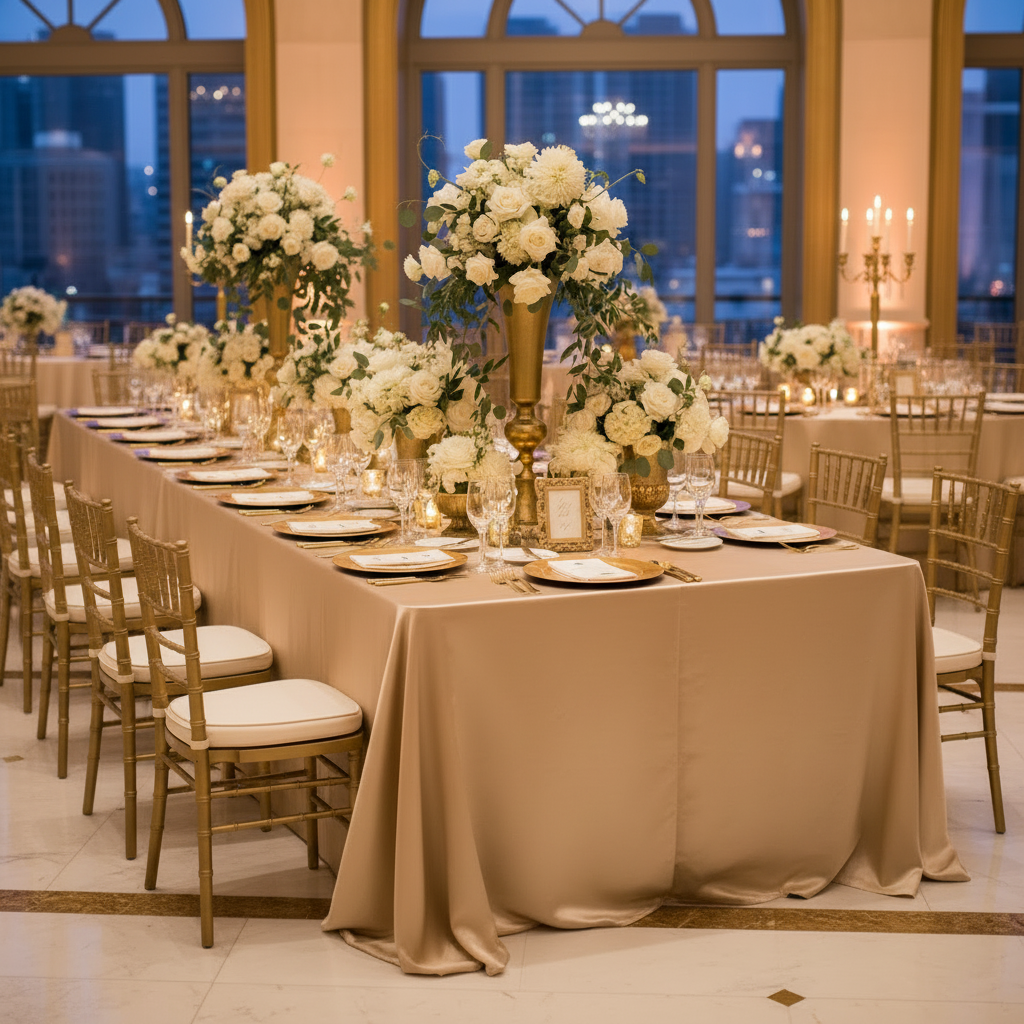 Elegant gold and champagne wedding table with the champagne premium satin wrinkle-resistant rectangular tablecloth, gold chiavari chairs, white floral centerpieces and gold charger plates