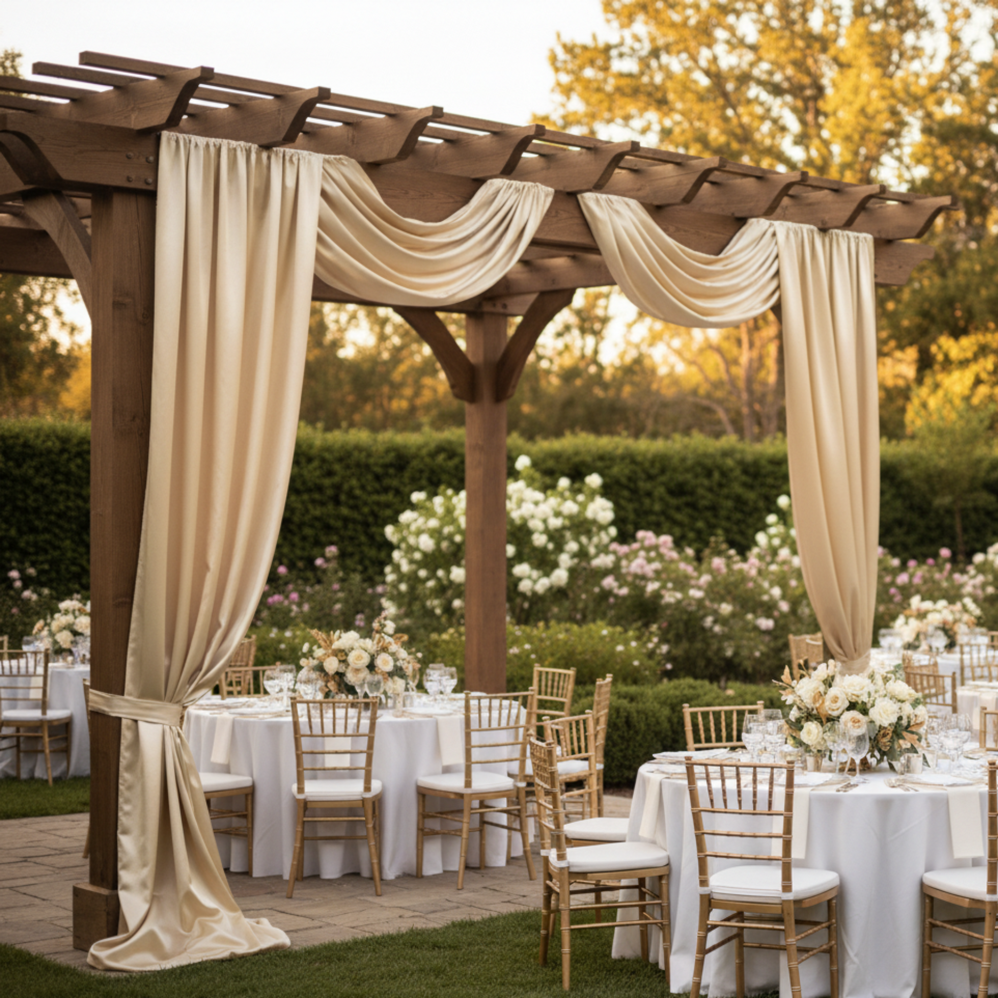 Champagne Satin Drape – Outdoor Pergola
